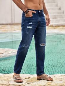 Mercer Haus Men Ripped Straight Leg Jeans - Dark Wash - View 5