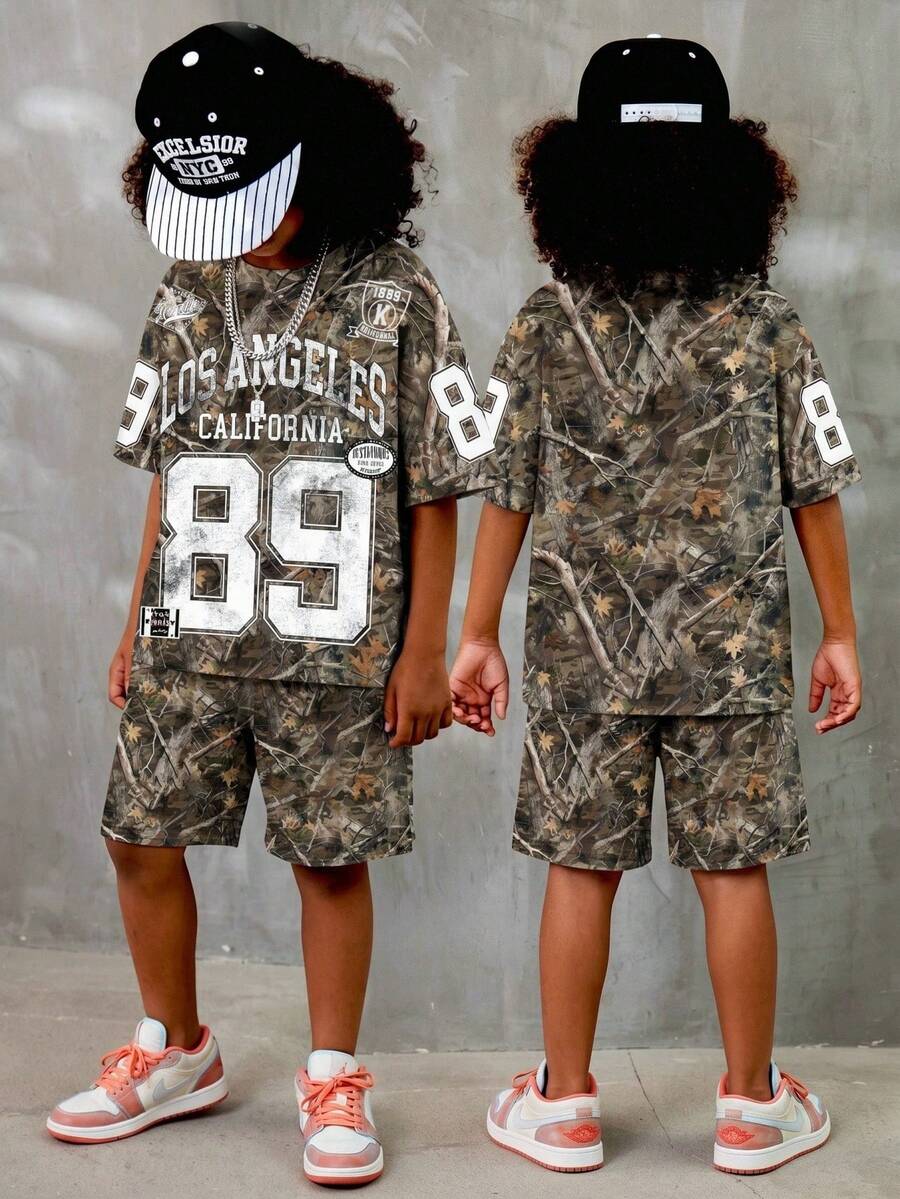 SHEIN 2 Piezas Conjunto de sudadera y pantalones cortos informales de estilo urbano para niños preadolescentes, cómodo, de moda, versátil, de tela suave, con estampado completo de letras y hojas, apropiado para primavera/verano, uso diario, juego al aire libre, escuela, calle, fiesta y hogar - Multicolor - Ver 1