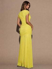 SHEIN BAE Đầm ôm sát không tay cổ tròn xếp ly màu đỏ tía dành cho nữ, đầm dài thanh lịch hiệu Venus Lady, thích hợp cho kỳ nghỉ, lễ hội, Giáng sinh, tiệc tùng, hẹn hò, sinh nhật. - Màu vàng - Xem 2