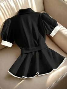 Franclia Women's Contrast Color Trim Waist Belt Elegant Short Sleeve Blouse, Spring/Summer - Black - View 2