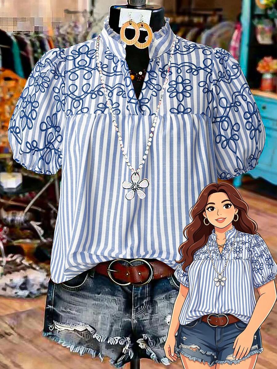 Linhara 大码女式夏季条纹V领荷叶边花瓣袖休闲度假衬衫 - 藍色 - 查看 1