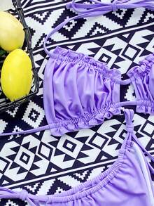 Swim Basics Summer Beach Frill Trim Ruched Halter Thong Bikini - Purple - View 4