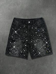 Manfinity EMRG Quần short denim đen mài bạc kiểu dáng đường phố Mỹ dành cho nam, họa tiết ngôi sao rách rưới và đính đá lấp lánh. - màu đen - Xem 5