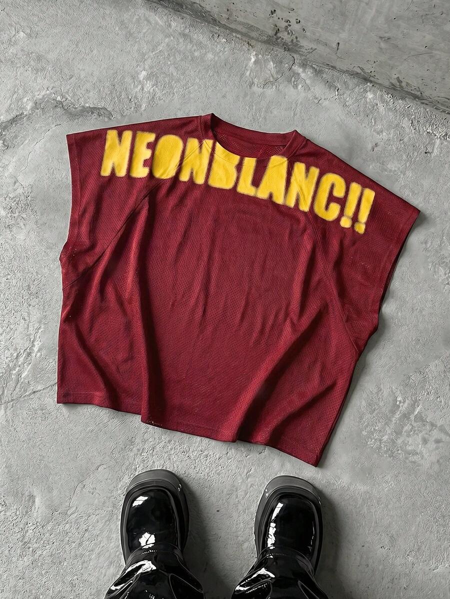 NEON BLANC 男士大膽字母印花圖案肌肉背心,圓領,街頭風夏季,美式足球 - 紅色 - 查看 1