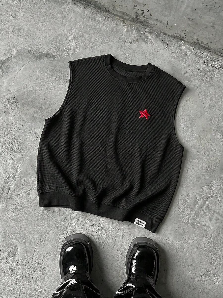 Manfinity RebelGame 男士休閒修身刺繡背心,黑色,度假風,父親節禮物,足球 - 黑色 - 查看 1
