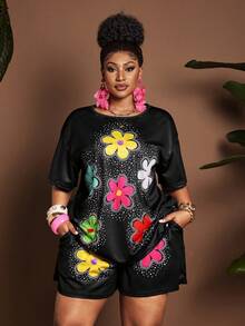 Maweii Damen Große Größen Set mit digitalem Blume Muster, Rundhalsausschnitt, Kurzarm, Crop-Top - Schwarz - Übersicht 1