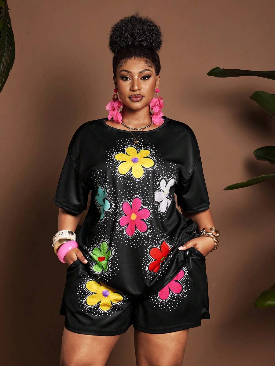 Maweii Damen Große Größen Set mit digitalem Blume Muster, Rundhalsausschnitt, Kurzarm, Crop-Top - Schwarz - Übersicht 1