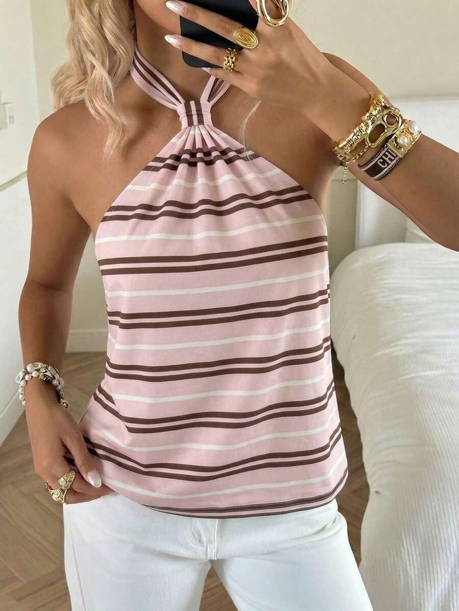 SHEIN EZwear Women's Striped Casual Versatile Halter Top - Multicolor - View 1