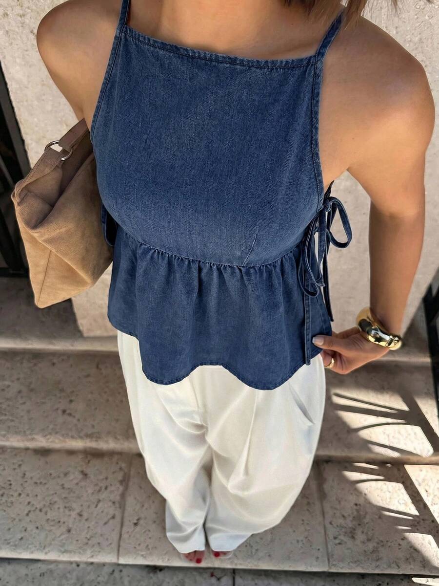 Siren Gaze Áo hai dây denim buộc dây bên hông kiểu dáng thường ngày dành cho nữ, thích hợp cho mùa hè. - Màu xanh lam - Xem 1