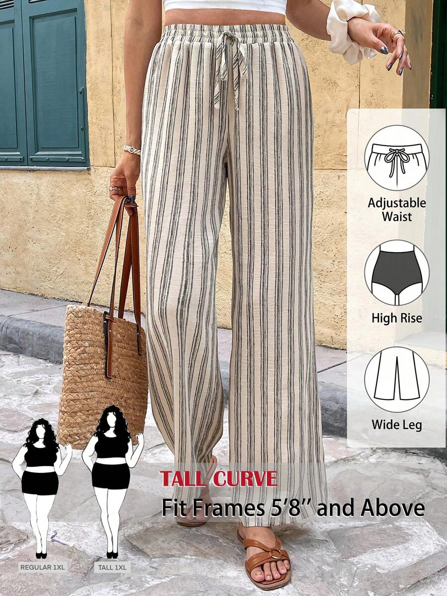 SHEIN Tall CURVE 大码女式抽绳腰带条纹休闲百搭阔腿裤,适合日常穿着 - 彩色 - 查看 1