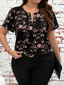 SHEIN Clasi Plus Size V-Neck Short Sleeve Ditsy Floral Summer Shirt - Pink - View 1