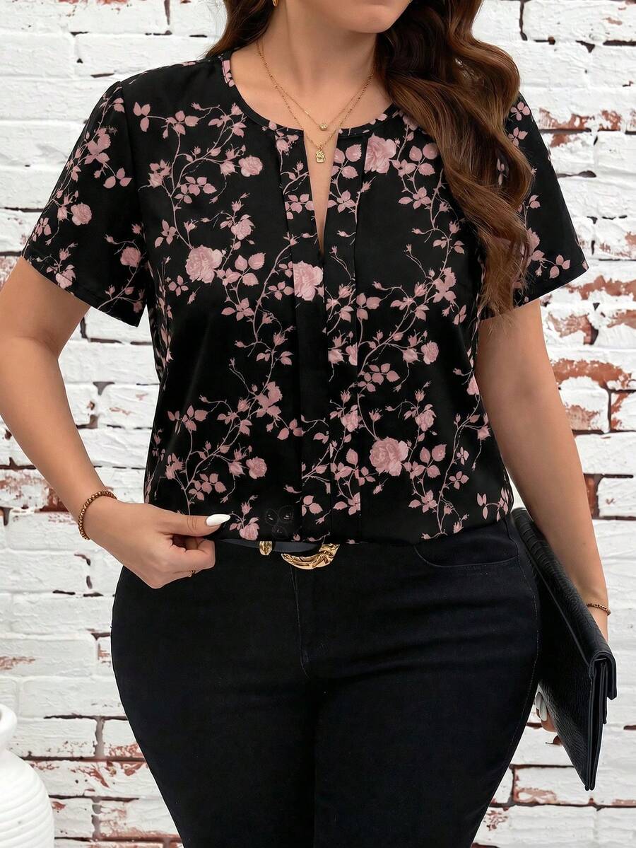SHEIN Clasi Plus Size V-Neck Short Sleeve Ditsy Floral Summer Shirt - Pink - View 1