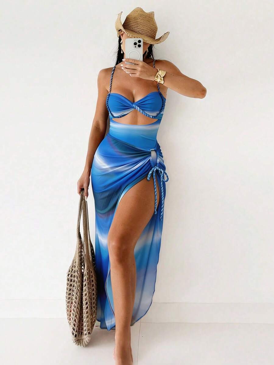 Swim SXY 夏季新款女士两件套渐变绳带露脐上衣和系带沙滩裙比基尼套装 - 藍色 - 查看 1
