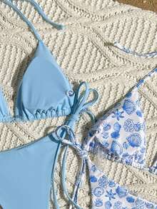 Swim Mod Set Bikini Segitiga Tali Ikat Leher Halter 8 Potong untuk Wanita dari Springbreak, Baju Renang Minimalis Motif Bunga Kecil untuk Liburan Pantai - MultiWarna - View 5