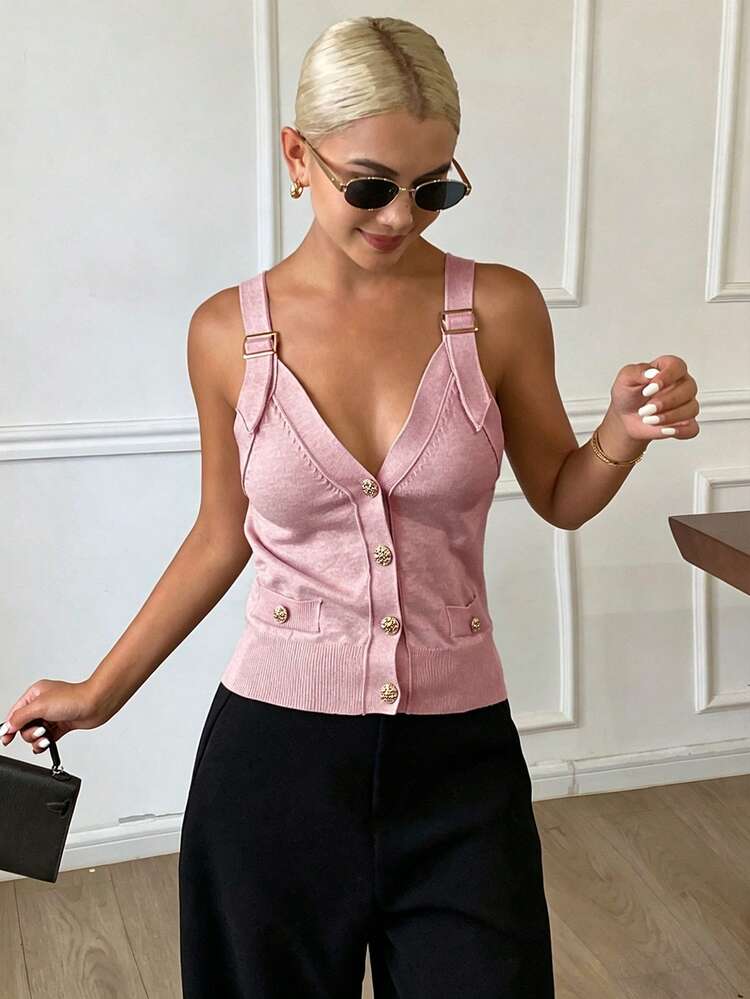 Women's Solid Color Camisole V-Neck Sleeveless Elegant Summer Thin Knit Tank Top