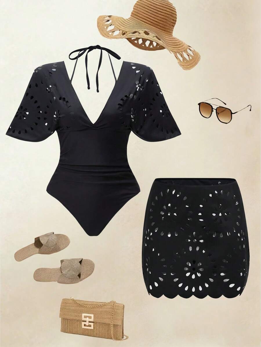 Swim Oasis 26SS Baju Renang Terusan Motif Bunga Hitam Elegan Leher V dengan Rok, Set 2 Potong, Musim Semi/Panas - Hitam - View 1