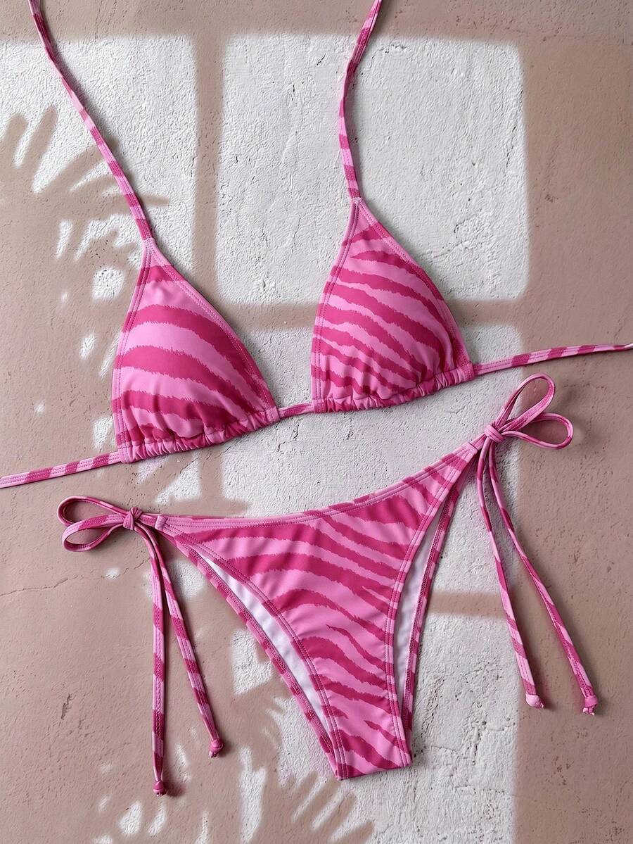 Swim Vcay 女款夏季海灘斑馬紋掛脖綁帶性感比基尼泳衣套裝 - 彩色 - 查看 1