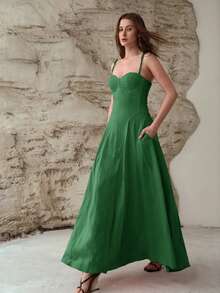 MOTF PREMIUM WOMEN'S LINEN CUP DETAIL TIE SHOULDER FITTED DRESS - Green - View 4