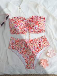 Swim Vcay Women's Summer Beach Vacation New Cute Strapless Floral Ruffled Ditsy Floral Bikini Set Set With Delicate Pearl Pendant And Drawstring Tie - Multicolor - View 5