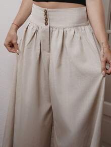 Cassandra Jullia Nuovi pantaloni larghi casual ed eleganti da donna con design floreale e fibbia, pantaloni lunghi in lino di colore cachi, adatti per il Ringraziamento, Ognissanti, primavera/estate - Albicocca - Visualizzare 6