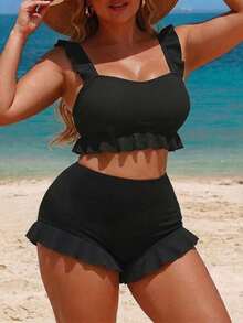 Swim Vcay Plus Size 2-Piece Bikini Set For Women,Elegant Black Textured Tankini Top,Ruffle Trim Square Neck & Shorts,Summer,Beach,Holiday,Formal,Evening - Black - View 4