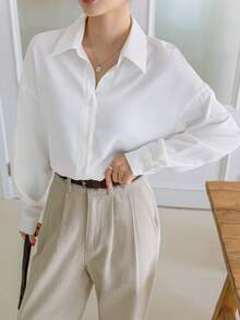 Dazy-Less 女士纯色落肩长袖衬衫，长袖上衣商务休闲女装，秋季服装 - 白色 - 查看 3
