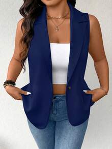EMERY ROSE Plus Size Women Thin Casual Minimalist Sleeveless Blazer - Navy Blue - View 4