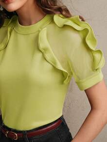 Anewsta Camiseta de manga corta con volantes transparentes - Verde - Ver 5