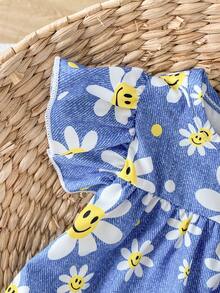 SHEIN Playful Pals Đầm bé gái sơ sinh/trẻ nhỏ 0-3 tuổi in hình thỏ dễ thương, tay bồng, kiểu dáng thường ngày, thích hợp mặc mùa xuân/hè. - Màu xanh lam - Xem 5
