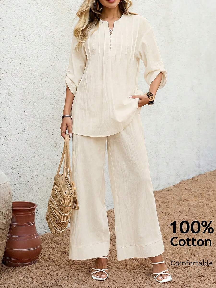 EMERY ROSE Women's Casual Solid Color Notched Neck Loose Top And Wide Leg Pants 2 Pieces Set,Summer Outfits For Women - Beige - View 1