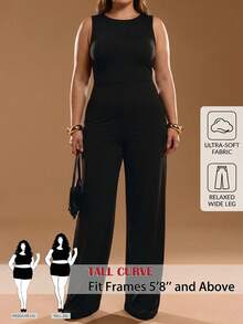 SHEIN Tall CURVE Bộ áo liền quần không tay cổ tròn màu trơn dành cho nữ cỡ lớn, kiểu dáng thường ngày. - màu đen - Xem 3