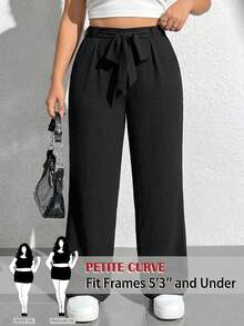 SHEIN PETITE CURVE Quần dài nữ cỡ lớn màu đen kiểu dáng thường ngày có dây buộc eo - màu đen - Xem 3