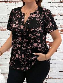 SHEIN Clasi Plus Size V-Neck Short Sleeve Ditsy Floral Summer Shirt - Pink - View 5