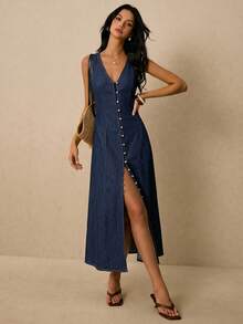 Poéselle Đầm denim nữ cổ chữ V cài một hàng khuy, không tay, kiểu dáng thường ngày. - Màu xanh lam - Xem 1