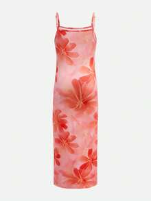 SHEIN Đầm xẻ tà màu cam in hoa nhiệt đới cho bé gái tuổi teen, kiểu dáng thường ngày, thích hợp cho tiệc trà chiều, lễ Phục sinh, lễ hội Carnival, du thuyền biển, kỳ nghỉ biển. - trái cam - Xem 3