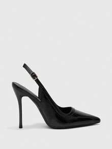 CUCCOO BIZCHIC Zapatos de tacón alto de punta fina con correa de tobillo y hebilla, de piel sintética agrietada, para el trabajo, ir y venir, citas, tacones altos delgados - F54 negro - Ver 2