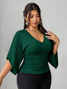 Elenzga Plus Size Cinched Waist Casual French Style Versatile T-Shirt - Dark Green - View 7