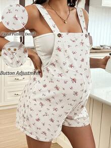 SHEIN Bộ áo liền quần không tay in hoa dành cho bà bầu, kiểu dáng thường ngày mùa hè. - Màu Khaki - Xem 1