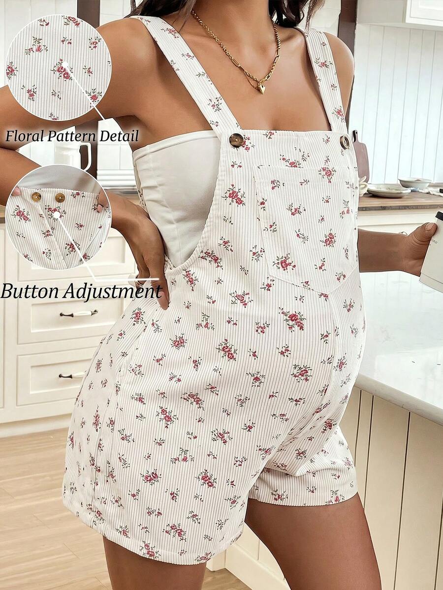 SHEIN Bộ áo liền quần không tay in hoa dành cho bà bầu, kiểu dáng thường ngày mùa hè. - Màu Khaki - Xem 1