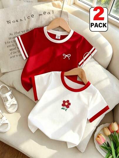 2pcs/Set Girls' T-Shirts, Red Tee With Bow Print And White Tee With Cherry Print, Comfortable Summer Style Suitable For Spring, Summer, Autumn, Daily Wear, Fashion Cute Street Style Girls Tops, Suitable For All Seasons, Vacation T-Shirt