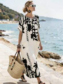 SHEIN Holidaya Đầm hè hoa văn đen trắng thanh lịch và giản dị dành cho nữ, đầm maxi tay ngắn có túi, đầm dự tiệc in hoa, trang phục đi biển, đầm dự đám cưới mùa hè, đầm dài trắng đen cho kỳ nghỉ, lễ Phục sinh và lễ tốt nghiệp, đầm dự tiệc thanh lịch, đầm thường ngày cho nữ, trang phục mùa hè cho nữ, đầm hoa cho nữ - Màu be - Xem 5