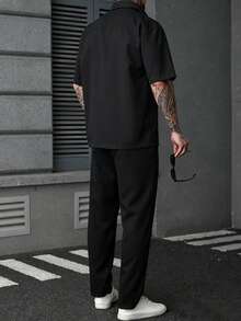 SLATEMANN Conjunto de camisa de manga corta con botones y pantalones de unicolor casual para hombre - Negro - Ver 2