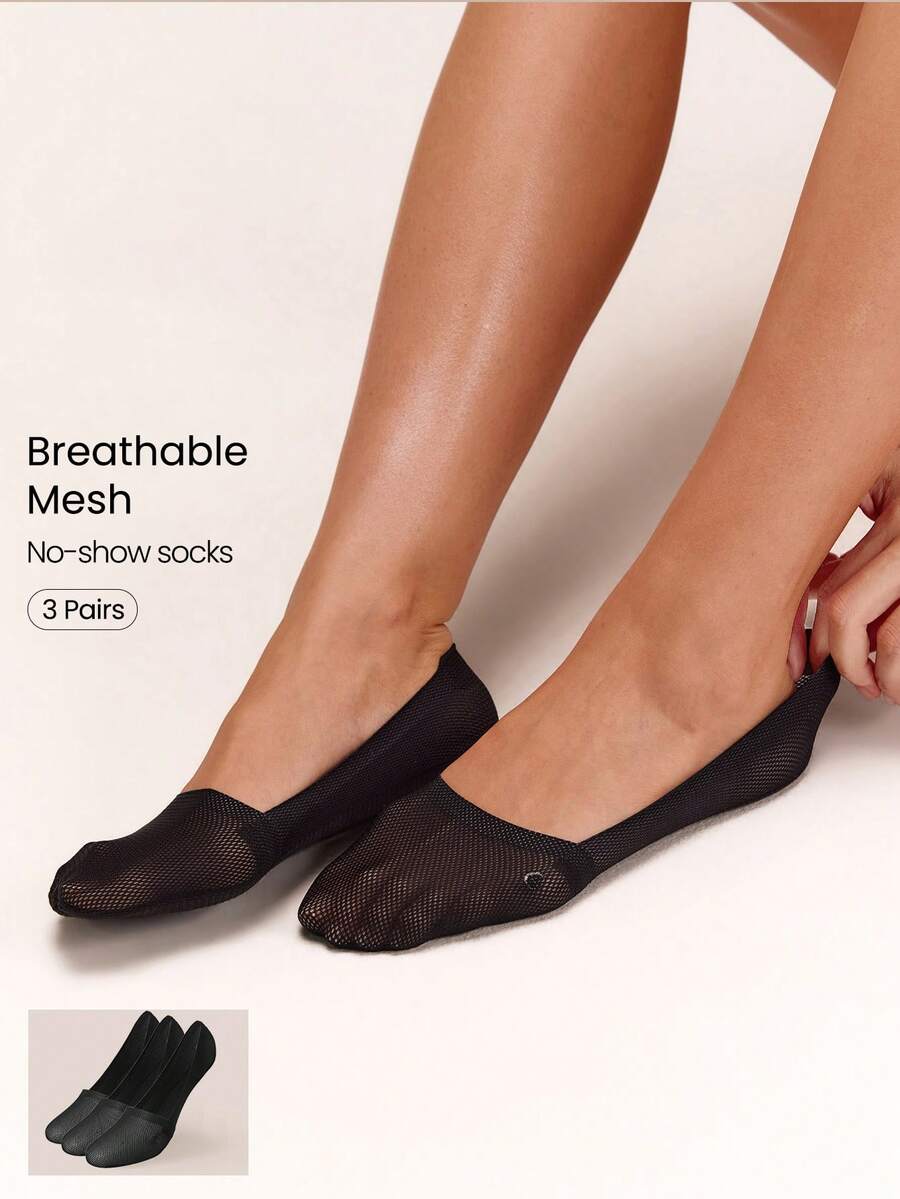 GLOWMODE 3 Pair Breathable Mesh Breezy Step No-Show Low-Cut Socks With Non-Slip Grips Summer Vacation Holiday Daily Casual Wear - Black - View 1