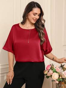 Miaspire Áo thun nữ cỡ lớn, màu trơn, cổ tròn, kiểu dáng thanh lịch, thích hợp cho mùa xuân/hè. - Đỏ - Xem 4