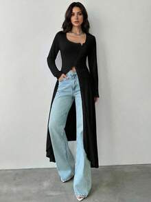 Firerie Women's Solid Color Minimalist Daily Wear Split Hem Long Sleeve T-Shirt - Black - View 5