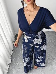 Elenzga 大码印花V领优雅短袖连体裤 - 藏蓝色 - 查看 4