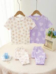 Young Girl 4pcs Random Blind Box Casual Simple Snug Fit Comfortable Round Neck Short Sleeve Long Pants Loungewear Set, Suitable For Spring/Summer, 4-Piece Set Young GirlS - Multicolor - View 3