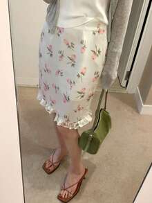 DAZY Women's Elegant Floral Print Ruffle Hem Skirt, Vacation Style - Apricot - View 1