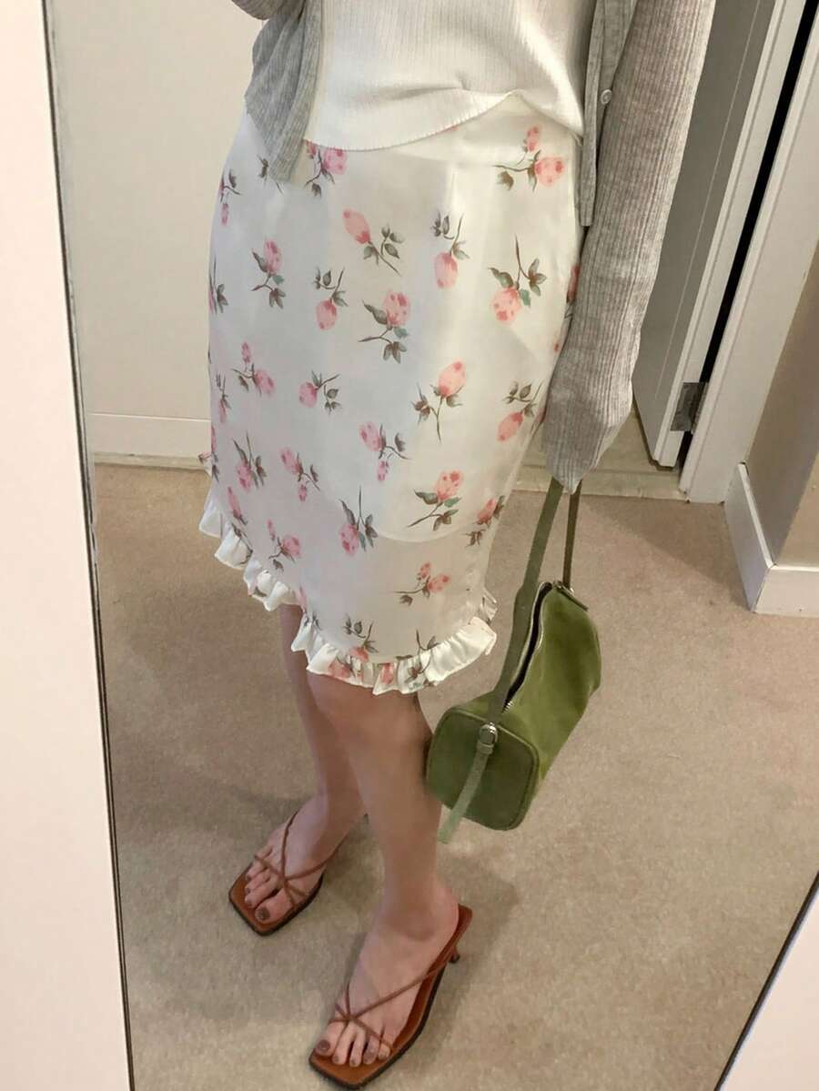 DAZY Women's Elegant Floral Print Ruffle Hem Skirt, Vacation Style - Apricot - View 1