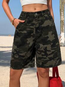 SHEIN PETITE 女款休閒迷彩印花牛仔短褲，適合嬌小女性 - 軍綠色 - 查看 4
